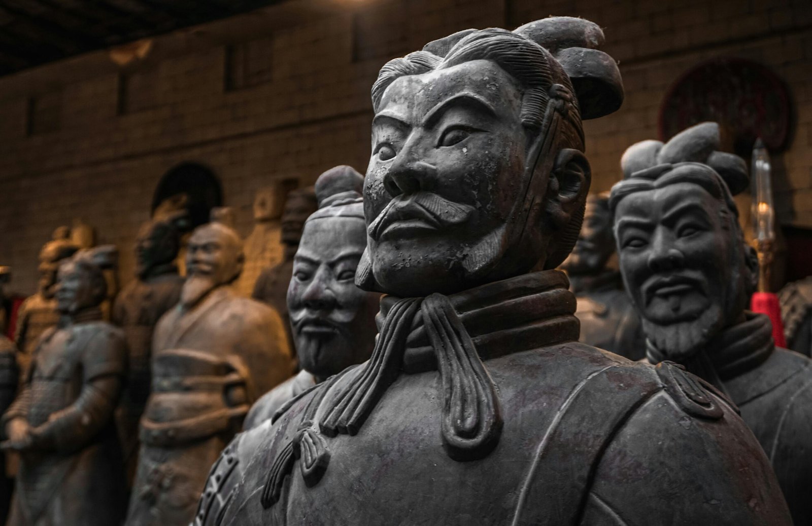 Close-up of terracotta warriors in Xi'an, capturing historical artistry and detail.